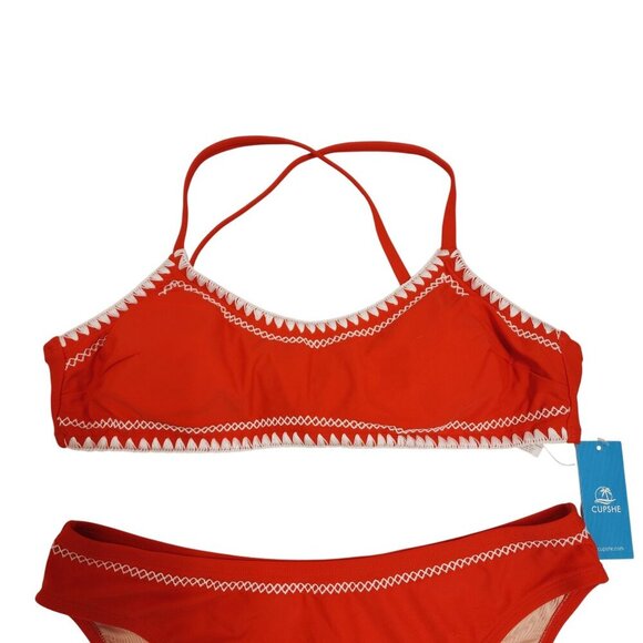 Cupshe Red Crochet Trim Bikini Set Cross Back Straps High-Waisted Womens SZ L - Picture 3 of 6